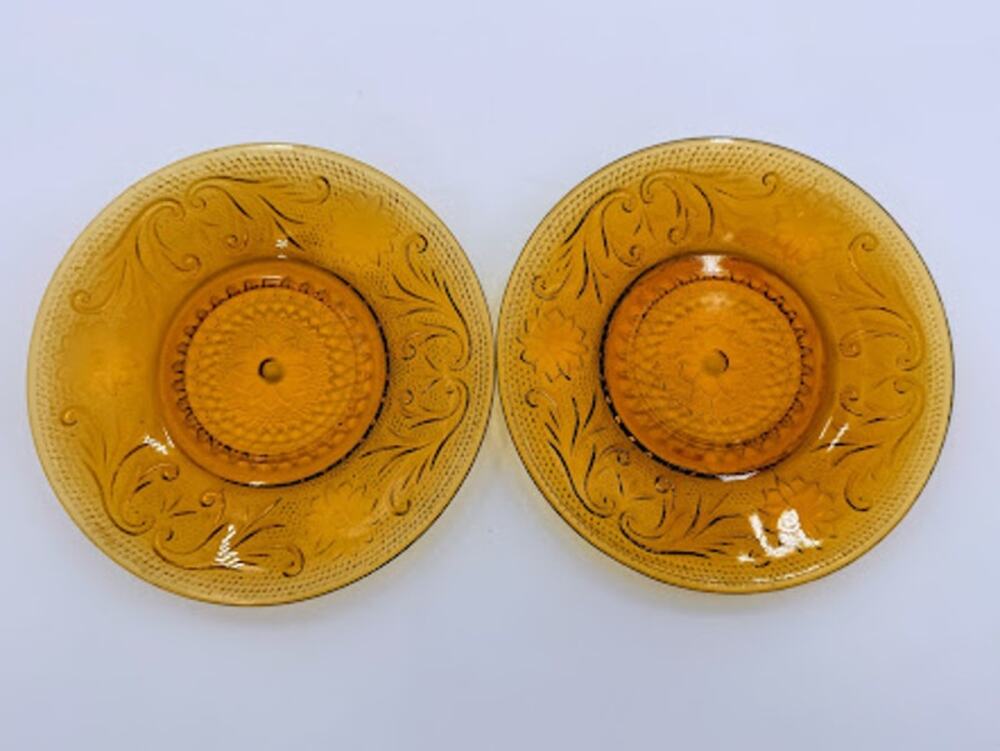 Pair of Indiana Glass Sandwich Amber 6" Saucers